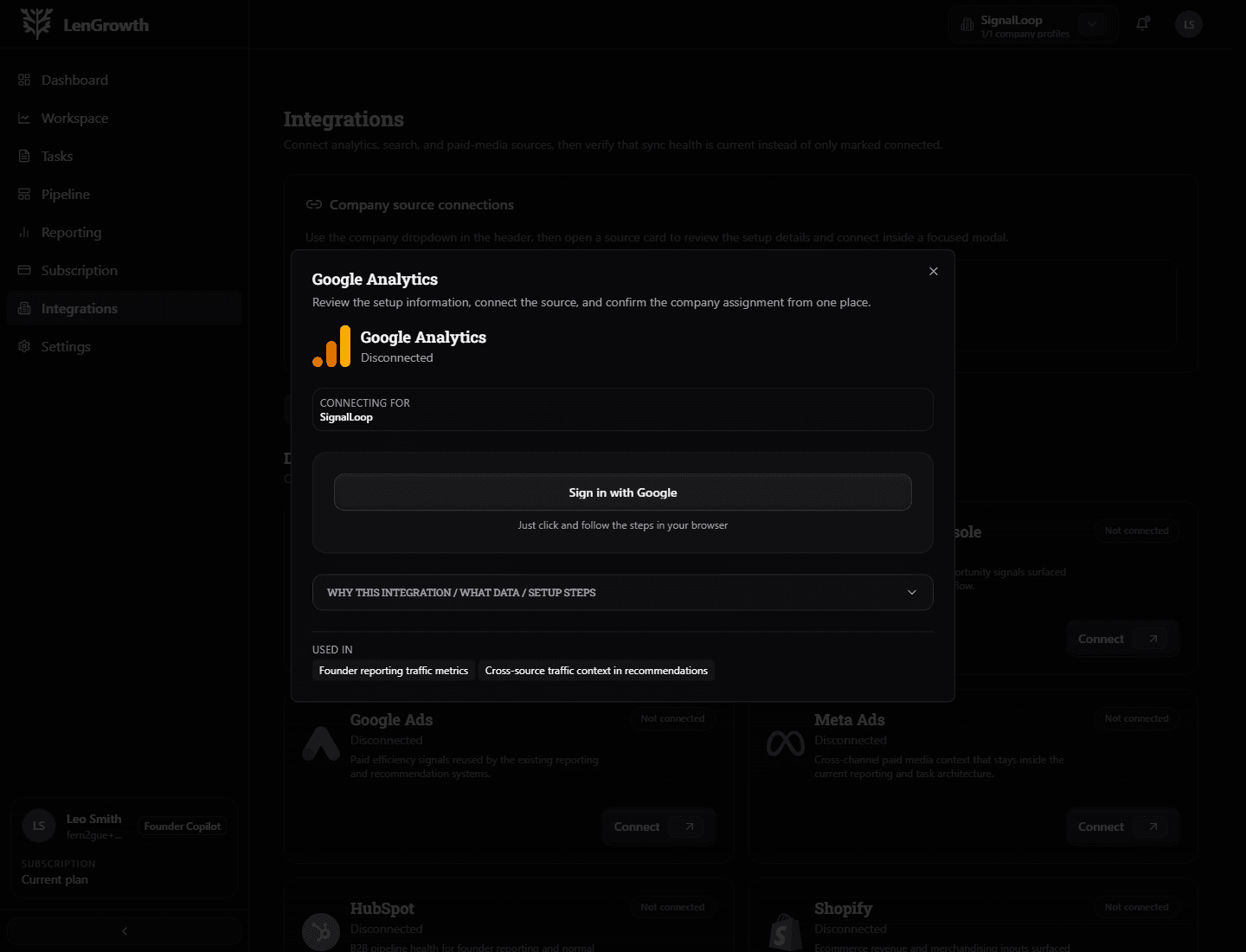 A Google Analytics integration modal inside the LenGrowth workflow.