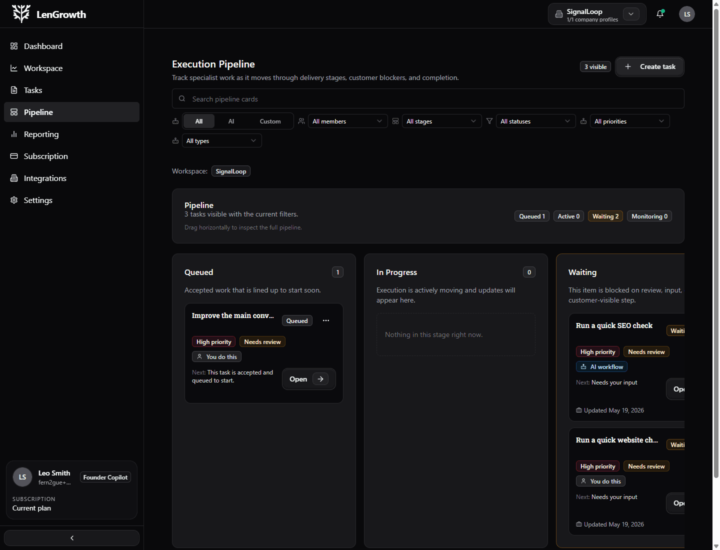LenGrowth pipeline board showing stage-based execution columns.