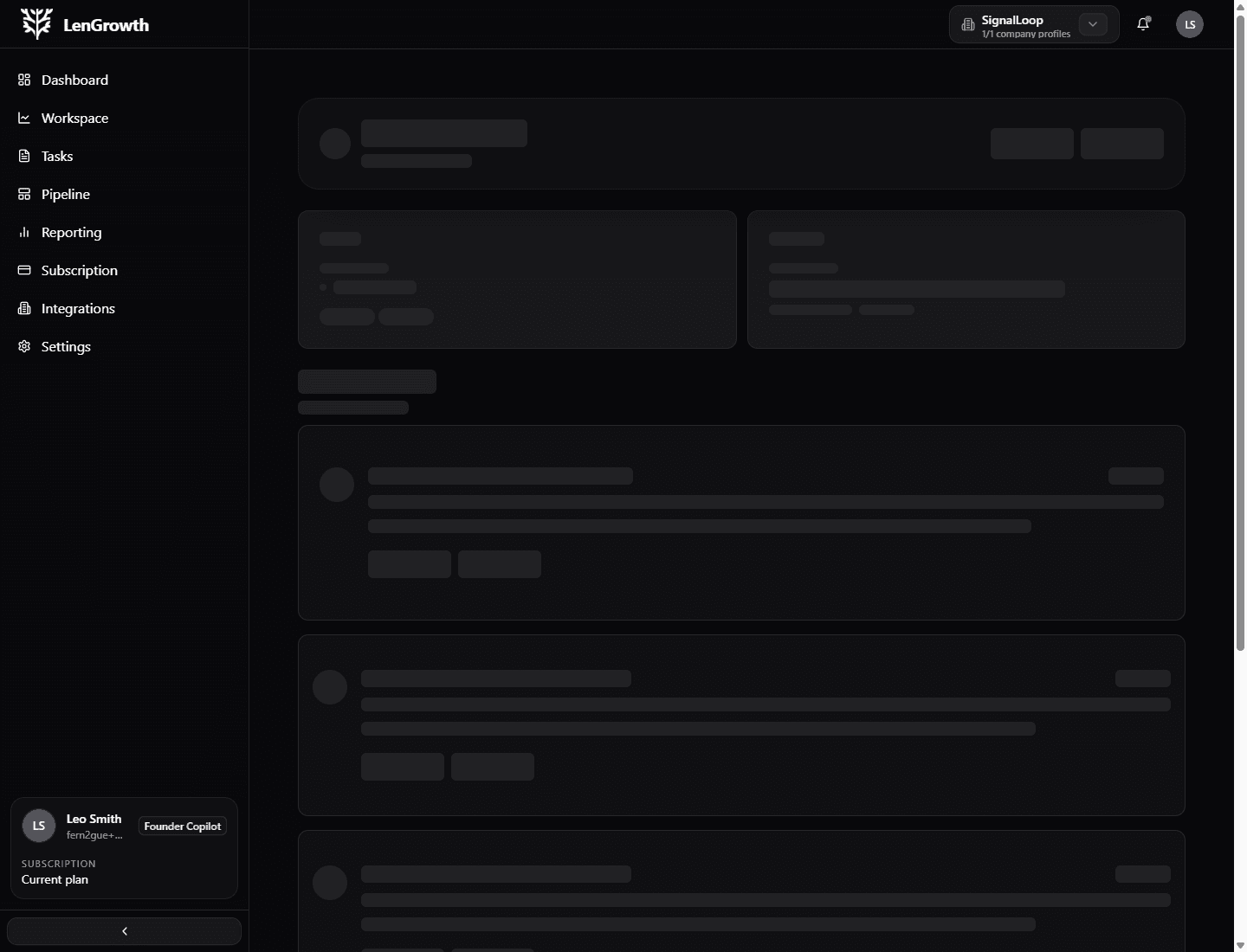LenGrowth overview screen showing the company workspace and key modules.