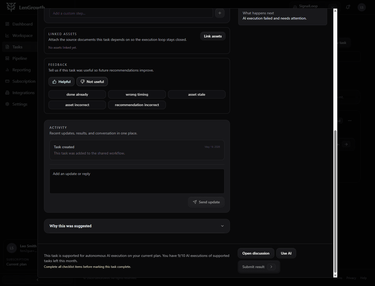 A task detail view showing AI execution support.